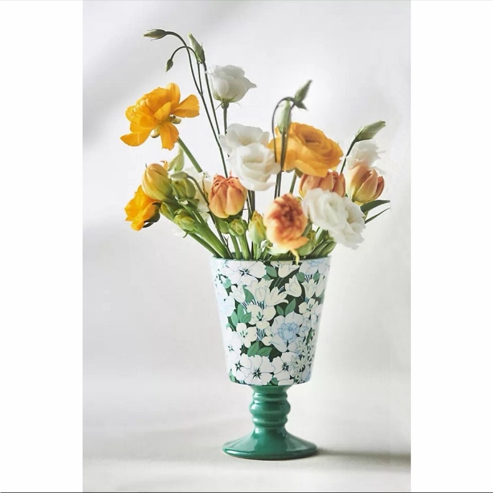 Anthropologie Lyla Pedestal Vase 7.5” Botanical Print Green Floral Stoneware